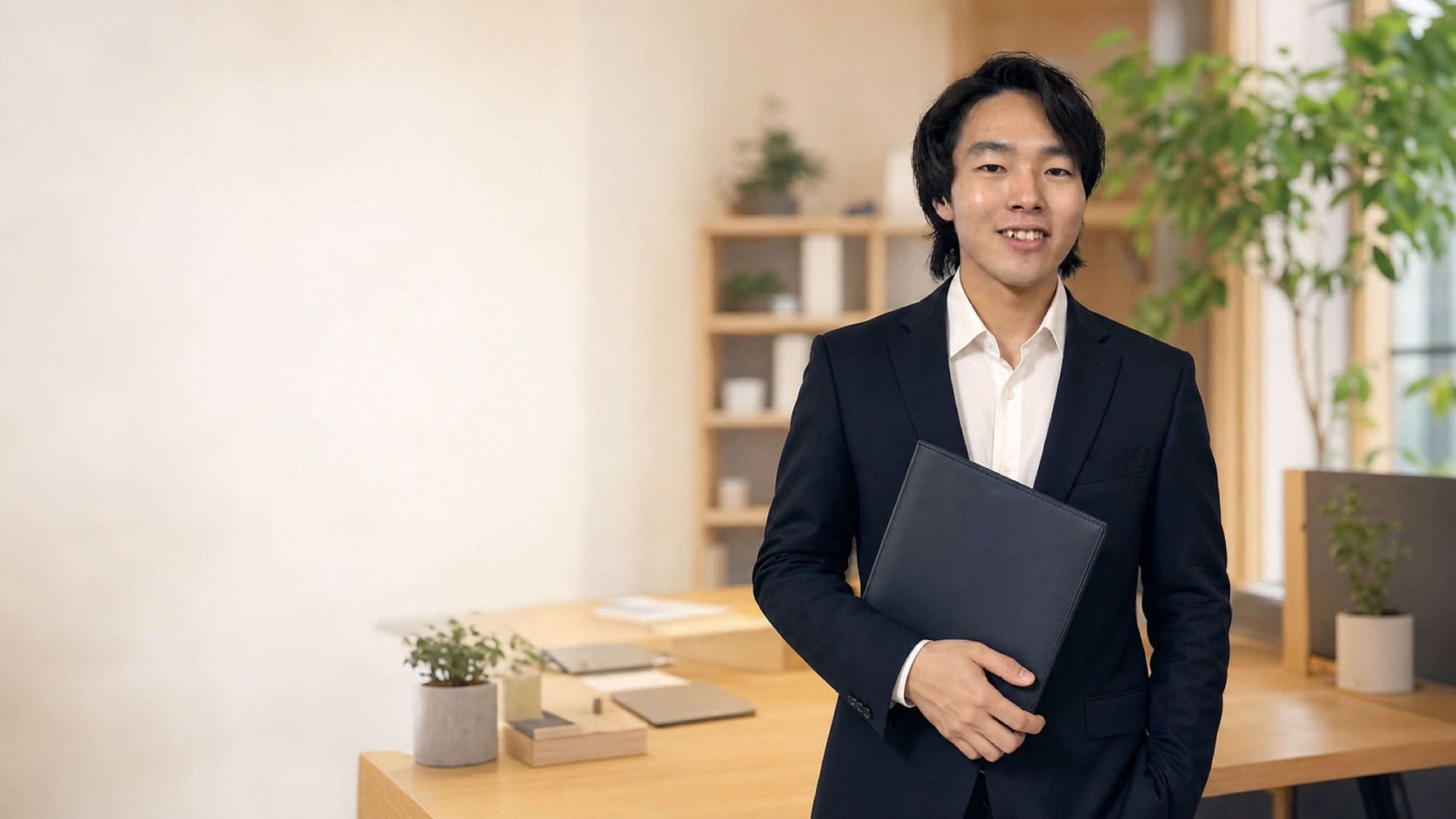 木目と観葉植物が調和する温かみのあるオフィスに立つ青葉税理士事務所の担当税理士